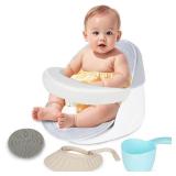 Swivel Baby Bath Seat, Openable Armrest and 360 Rotatable Baby Bath Seat for Babies 6 Months & up, Baby Bath Mat/Rinse Cup/Brush/Baby Shower Cap Included, White