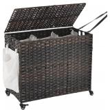 Laundry Hamper with Wheels, 52.8 Gallon(200L) Rolling Laundry Basket with Lid, 3-Section Rattan Clothes Hamper with 3 Removable Liner & 3 Mesh Bags, Laundry Sorter with Side Pocket, Brown