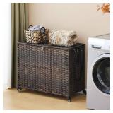 Laundry Hamper with Wheels, 52.8 Gallon(200L) Rolling Laundry Basket with Lid, 3-Section Rattan Clothes Hamper with 3 Removable Liner & 3 Mesh Bags, Laundry Sorter with Side Pocket, Brown