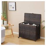 Laundry Hamper with Wheels, 52.8 Gallon(200L) Rolling Laundry Basket with Lid, 3-Section Rattan Clothes Hamper with 3 Removable Liner & 3 Mesh Bags, Laundry Sorter with Side Pocket, Brown