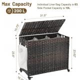 Laundry Hamper with Wheels, 52.8 Gallon(200L) Rolling Laundry Basket with Lid, 3-Section Rattan Clothes Hamper with 3 Removable Liner & 3 Mesh Bags, Laundry Sorter with Side Pocket, Brown