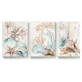 takfot Coastal Canvas Wall Art Paintings Shell Starfish Coral Conch Picture Watercolor Art Wall Decor Framed Prints Artwork for Bathroom Kitchen Bedroom Living Room 12x16 Inch, 3 panels