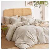 Wake In Cloud - Striped Cotton Duvet Cover Set, 100% Washed Cotton Textured Percale Bedding Set, Ticking Stripe Pinstripe Farmhouse, 3 Pieces, Tan, Full Size