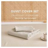 Wake In Cloud - Striped Cotton Duvet Cover Set, 100% Washed Cotton Textured Percale Bedding Set, Ticking Stripe Pinstripe Farmhouse, 3 Pieces, Tan, Full Size