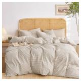 Wake In Cloud - Striped Cotton Duvet Cover Set, 100% Washed Cotton Textured Percale Bedding Set, Ticking Stripe Pinstripe Farmhouse, 3 Pieces, Tan, Full Size