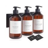 FINESSY Refillable Shampoo and Conditioner Dispenser Wall Bottles with Pump, Bathroom Body Wash Soap and Shampoo Dispenser for Shower Wall 3 Chamber No Drill, Shower Bottles Refillable with Labels