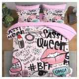 Comforter Set Queen Size, Makeup Pink Queen 7 Pcs Bedding for Kids and Adults, Women Diamond Cute Bed Sheet Sets with Fitted Sheet 2 Pillowcases & 2 Shams for Bedroom Bed Decor