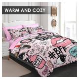 Comforter Set Queen Size, Makeup Pink Queen 7 Pcs Bedding for Kids and Adults, Women Diamond Cute Bed Sheet Sets with Fitted Sheet 2 Pillowcases & 2 Shams for Bedroom Bed Decor