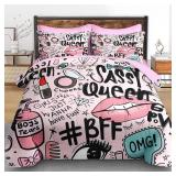 Comforter Set Queen Size, Makeup Pink Queen 7 Pcs Bedding for Kids and Adults, Women Diamond Cute Bed Sheet Sets with Fitted Sheet 2 Pillowcases & 2 Shams for Bedroom Bed Decor
