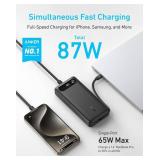 Anker Power Bank, 20,000mAh Travel Essential Portable Charger with Built-in USB-C Cable, 3-Port 87W Max Fast Charging Battery Pack, for MacBook, iPhone 16/15 Series, Samsung, Switch, and More