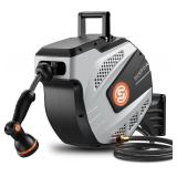SUNPOW Retractable Garden Hose Reel - 1/2 inch x 50ft Wall Mounted Hose Reel with 3/4 inch Brass Fitting & 10 Function Sprayer Nozzle - Any Length Lock, Auto Rewind System, 180 Swivel Bracket - Grey