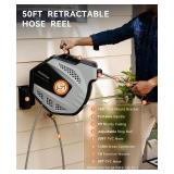 SUNPOW Retractable Garden Hose Reel - 1/2 inch x 50ft Wall Mounted Hose Reel with 3/4 inch Brass Fitting & 10 Function Sprayer Nozzle - Any Length Lock, Auto Rewind System, 180 Swivel Bracket - Grey
