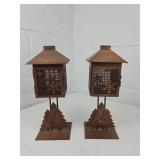 Rustic Metal Winter Lanterns with Pine Tree Base