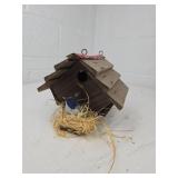 Rustic Wooden Birdhouse with Red Roof