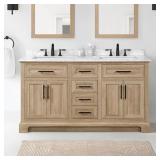 Doveton 60 in. Double Sink Freestanding Weathered Tan Bath Vanity with White Engineered Marble Top- Retail: $899