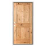 Rustic Knotty Alder V-Grooved Arch Right-Hand/Inswing BEHR Cedar Stain Exterior Wood Prehung Door, 32x80
