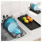 ANTOPY Sink Dish Drying Rack - Expandable Small Dish Rack Over Sinks with Silicone Drying Tray, Dish Drainer for Kitchen Counter with Cutlery Holder, Drying Rack Fit for 14ââ-19ââ 