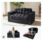 Convertible Sofa Bed, Pull Out Loveseat Sleeper Sofa, 2 in 1 Folding Couch Bed, Fold Out Floor Couch with Pillows for Living Room Bedroom Lounge, Black - Retail: $230