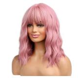 BERON 14 Inches Pink Wig for Women Girls Short Curly Synthetic Wig with Bangs Lovely Pink