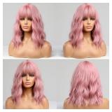 BERON 14 Inches Pink Wig for Women Girls Short Curly Synthetic Wig with Bangs Lovely Pink