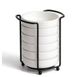 Ceramic Japanese Side Dishes, Seasoning Dishes, Dipping Bowls - 3.5 Inch, with Metal Stand for Ketchup Soy Sauce BBQ Party, Set of 6, White