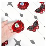 Gothic Decoration Red Rose Garland Butterfly and Goth Garland for Eyeball Halloween Vampire Parties Romantic Elegant Horror Theme Bride or Die Bridal Shower Backdrops and Decor