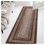 Washable Area Rug, Modern Printed Braided Look, Non-Slip, Stain Resistant Large Brown Carpet for Bedroom, Living Room, Dining Room 2 ft x8 ft