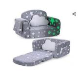 Kids Couch, 2-in-1 Soft Toddler Couch Fold Out with with Blanket and Cloud Pillow, Glow in The Dark, Toddler Chair Comfy, Convertible Sofa to Lounger, Gifts for Kids Girl Boys, Medium Grey Star