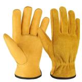 OZERO Leather Work Gloves Flex Grip Tough Cowhide Gardening Glove for Wood Cutting/Construction/Truck Driving/Garden/Yard Working for Men and Women 1 Pair (Gold,X-Large)