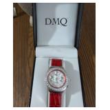 DMQ Crystal Bezel Watch with Red Leather Band