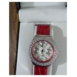 DMQ Crystal Bezel Watch with Red Leather Band
