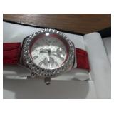 DMQ Crystal Bezel Watch with Red Leather Band