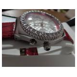 DMQ Crystal Bezel Watch with Red Leather Band