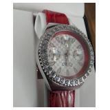 DMQ Crystal Bezel Watch with Red Leather Band