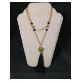 Gold Chain Tassel Necklace with Black Beads