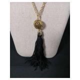 Gold Chain Tassel Necklace with Black Beads