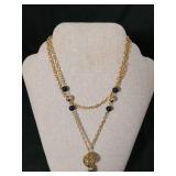Gold Chain Tassel Necklace with Black Beads