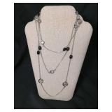 Long Silver Chain Necklace with Black Beads