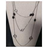 Long Silver Chain Necklace with Black Beads
