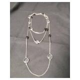 Long Silver Chain Necklace with Black Beads