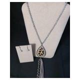 Gray Crystal and Leopard Print Tassel Jewelry Set