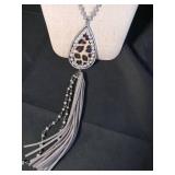 Gray Crystal and Leopard Print Tassel Jewelry Set
