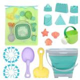 RACPNEL Beach Toys Sand Set for Kids, Collapsible Bucket and Shovels with Mesh Bag, Molds, Flags, Sandbox Kids Toddlers, Travel (Tavel Size)