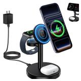 Aeinidi 2025 3 in 1 Wireless Charging Station Compatible with MagSafe, 15W Fast Magnetic Mag-Safe Charger Stand for Apple iPhone 17 16 15 14 13 12 Series iWatch AirPods Pro 4 3 2, Black
