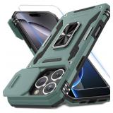 DEERLAMN Case for iPhone 16 Pro Max with Slide Camera Cover+Screen Protector (1 Pack), Rotated Ring Kickstand Military Grade Shockproof Protective Cover-Green