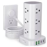 Power Strip Tower with Multiple Outlets, Flat Plug Surge Protector Tower Extension Cord with 12 AC Outlets 4 USB Ports (2 USB C), 10FT Cord Power Tower Surge Protector for Home Office Dorm Room, White