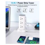 Power Strip Tower with Multiple Outlets, Flat Plug Surge Protector Tower Extension Cord with 12 AC Outlets 4 USB Ports (2 USB C), 10FT Cord Power Tower Surge Protector for Home Office Dorm Room, White