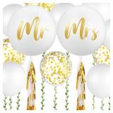 Wettarn 15 Pcs Giant Wedding Decor Kit 36 Inch Jumbo White Mr. Mrs. Balloons with Paper Tassel 24 Inch White Large Married Balloons with 65ft Leaf Ribbon for Wedding Engagement Party Decorations