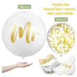 Wettarn 15 Pcs Giant Wedding Decor Kit 36 Inch Jumbo White Mr. Mrs. Balloons with Paper Tassel 24 Inch White Large Married Balloons with 65ft Leaf Ribbon for Wedding Engagement Party Decorations
