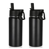 Volhoply 16 OZ Kids Water Bottle Bulk 2 Pack,Insulated Sports Bottles with Straw Lid,Stainless Steel Bottle with Handle Keep Cold & Hot,Double Wall Vacuum Tumbler Cups for School,Girls(Black, 2)